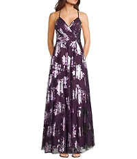 City Vibe Floral Print Surplus Neckline X-Back Ballgown