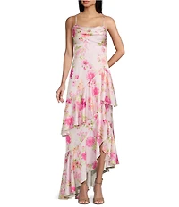 City Vibe Floral Printed Drape Neck Asymmetric Ruffled Long Dress