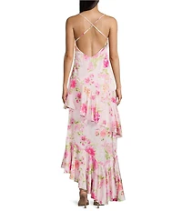 City Vibe Floral Printed Drape Neck Asymmetric Ruffled Long Dress