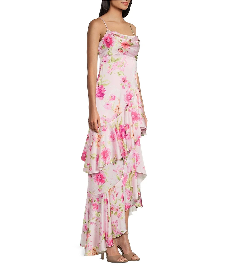 City Vibe Floral Printed Drape Neck Asymmetric Ruffled Long Dress