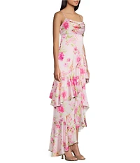 City Vibe Floral Printed Drape Neck Asymmetric Ruffled Long Dress
