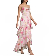 City Vibe Floral Printed Drape Neck Asymmetric Ruffled Long Dress