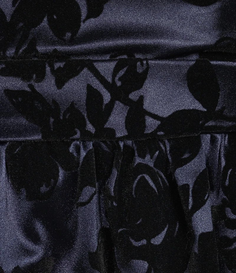 City Vibe Floral Printed Flocked Satin Pleated Tube Bodice Bow Back Dress