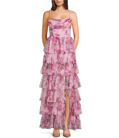 City Vibe Floral Printed Mesh Scoop Neck Side Slit Tiered Ruffle Ball Gown