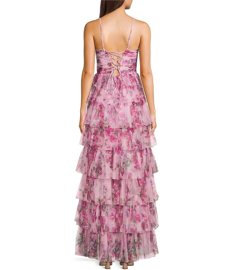 City Vibe Floral Printed Mesh Scoop Neck Side Slit Tiered Ruffle Ball Gown