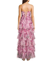 City Vibe Floral Printed Mesh Scoop Neck Side Slit Tiered Ruffle Ball Gown