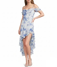 City Vibe Floral Printed Off The Shoulder Drape Neck Asymmetrical Hem High-Low Dress