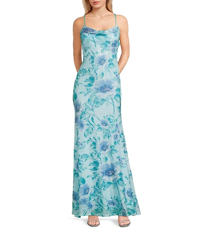 City Vibe Floral Printed Sequin Drape Neck Strappy Back Dress