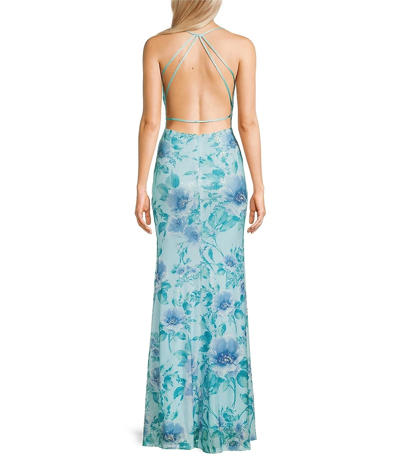 City Vibe Floral Printed Sequin Drape Neck Strappy Back Dress