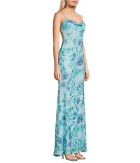 City Vibe Floral Printed Sequin Drape Neck Strappy Back Dress