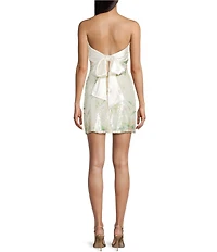 City Vibe Floral Printed Sequin Mesh Twist Front Bandeau A-Line Dress