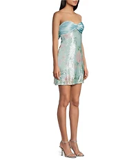 City Vibe Floral Printed Sequin Mesh Twist Front Bandeau Dress
