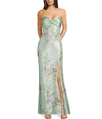 City Vibe Floral Printed Sequin Mesh Twist Front Bandeau Side Slit Dress