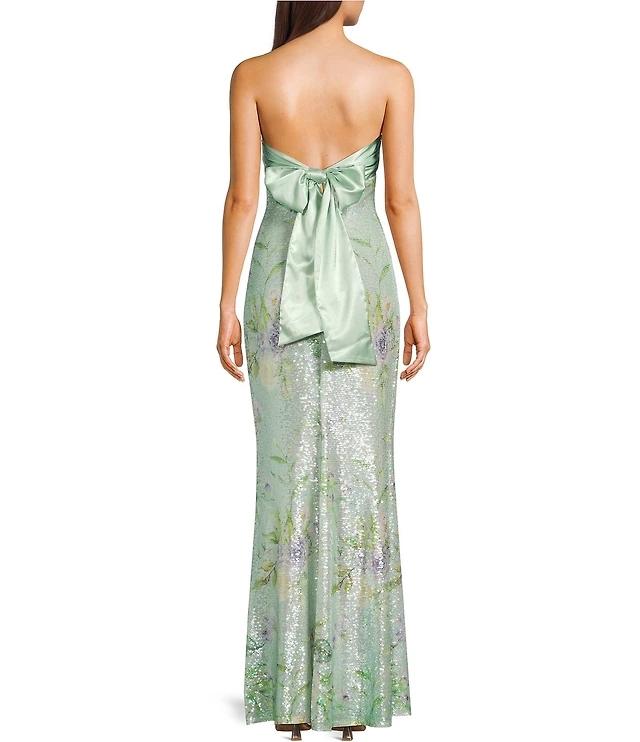 City Vibe Floral Printed Sequin Mesh Twist Front Bandeau Side Slit Dress