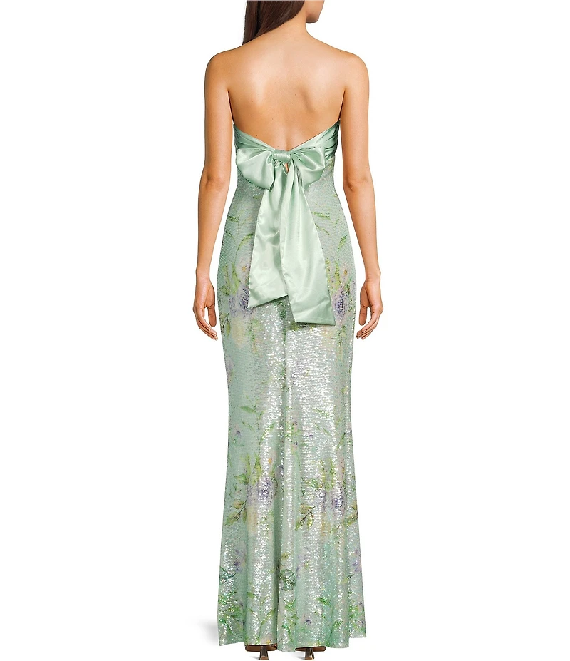 City Vibe Floral Printed Sequin Mesh Twist Front Bandeau Side Slit Dress