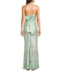 City Vibe Floral Printed Sequin Mesh Twist Front Bandeau Side Slit Dress