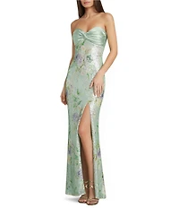 City Vibe Floral Printed Sequin Mesh Twist Front Bandeau Side Slit Dress
