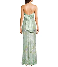 City Vibe Floral Printed Sequin Mesh Twist Front Bandeau Side Slit Dress