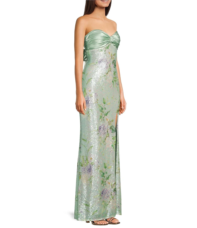 City Vibe Floral Printed Sequin Mesh Twist Front Bandeau Side Slit Dress