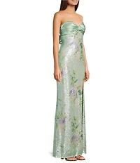 City Vibe Floral Printed Sequin Mesh Twist Front Bandeau Side Slit Dress