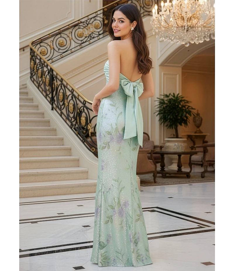 City Vibe Floral Printed Sequin Mesh Twist Front Bandeau Side Slit Dress