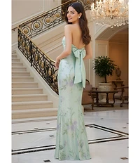 City Vibe Floral Printed Sequin Mesh Twist Front Bandeau Side Slit Dress