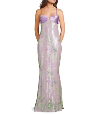 City Vibe Floral Printed Sequin Pleated Twist Keyhole Front Slim Long Dress