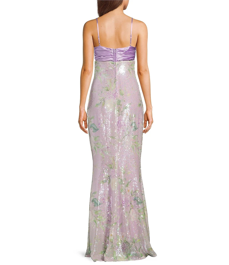 City Vibe Floral Printed Sequin Pleated Twist Keyhole Front Slim Long Dress