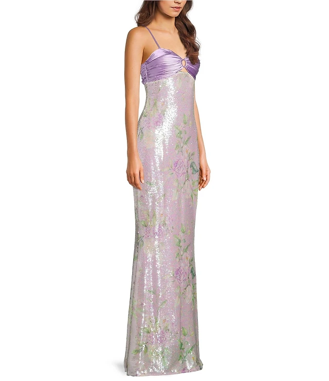 floral printed sequin mesh twist front bandeau a line dress Windsor Elora Floral Sequin Lace-Up Mermaid Dress in White Print | Size: L