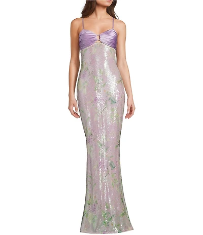 City Vibe Floral Printed Sequin Pleated Twist Keyhole Front Slim Long Dress