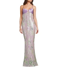 City Vibe Floral Printed Sequin Pleated Twist Keyhole Front Slim Long Dress