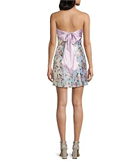 City Vibe Floral Printed Sequin Strapless Bandeau Twist Front A-Line Dress