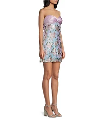 City Vibe Floral Printed Sequin Strapless Bandeau Twist Front A-Line Dress