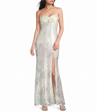 City Vibe Floral Printed Sequin Strapless Pleated Twist Front Side Slit Tie Back Dress