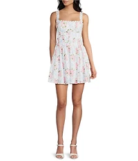 City Vibe Floral Printed Square Neck Trim Pleated Waist Tie Back Dress