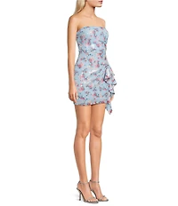 City Vibe Floral Printed Strapless Ruffled Side Sash Dress