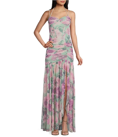 City Vibe Floral Printed Sweetheart Halter Neck Corseted Bustier Bodice Ruched Drop Waist Side Slit Dress