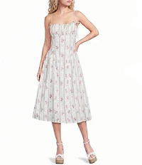 City Vibe Floral Striped Bow Strap Midi Dress