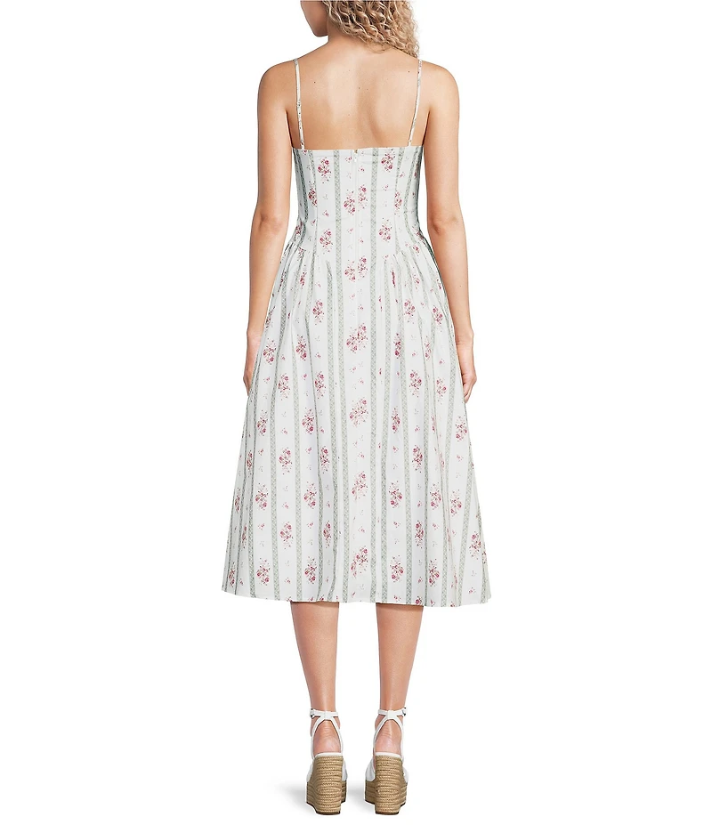 City Vibe Floral Striped Bow Strap Midi Dress