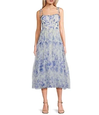City Vibe Floral Tulle Square Neck Sleeveless Dress