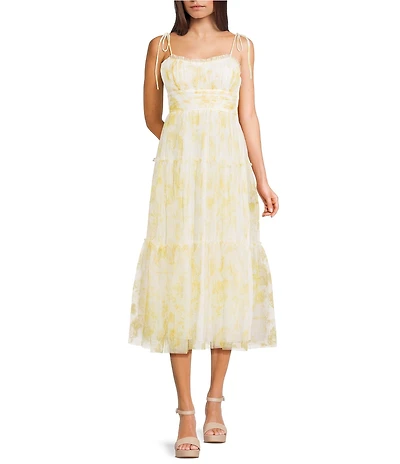 City Vibe Floral Tulle Square Neck Sleeveless Midi Dress