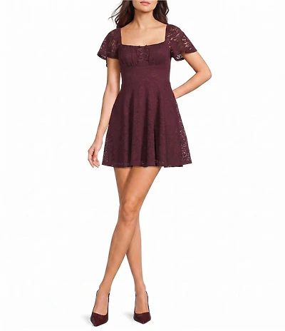 City Vibe Lace Bow Front Short Sleeve Skater Dress