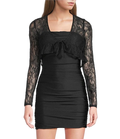 City Vibe Lace Plunging V-Neck Long Sleeve Tie Front Ruffle Hem Long Sleeve Shrug