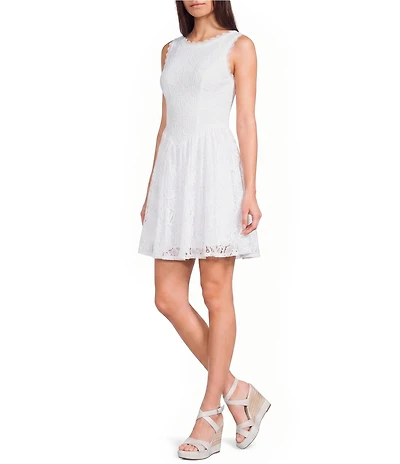City Vibe Lace Round Neck V-Waist Mini Dress