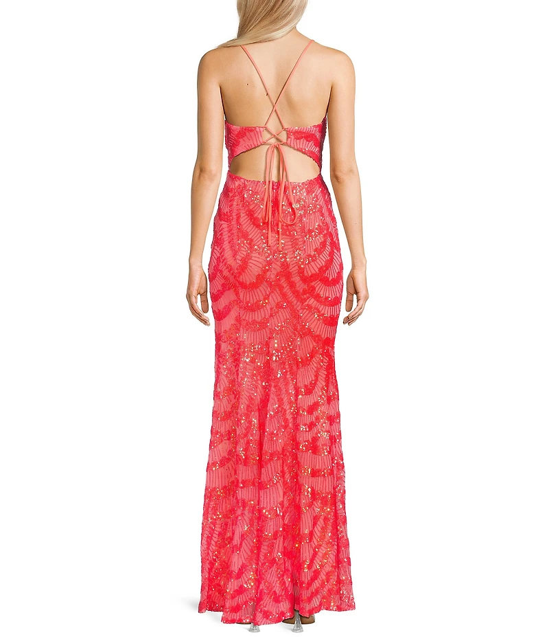 City Vibe Lace/Sequin Plunge Neck Spaghetti Strap Corset Waist Fit & Flare Dress