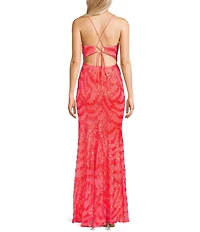 City Vibe Lace/Sequin Plunge Neck Spaghetti Strap Corset Waist Fit & Flare Dress