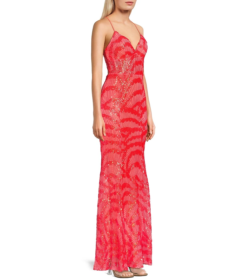 City Vibe Lace/Sequin Plunge Neck Spaghetti Strap Corset Waist Fit & Flare Dress