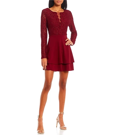 City Vibe Long Sleeve Fit-And-Flare Double Hem Lace Bodice Dress