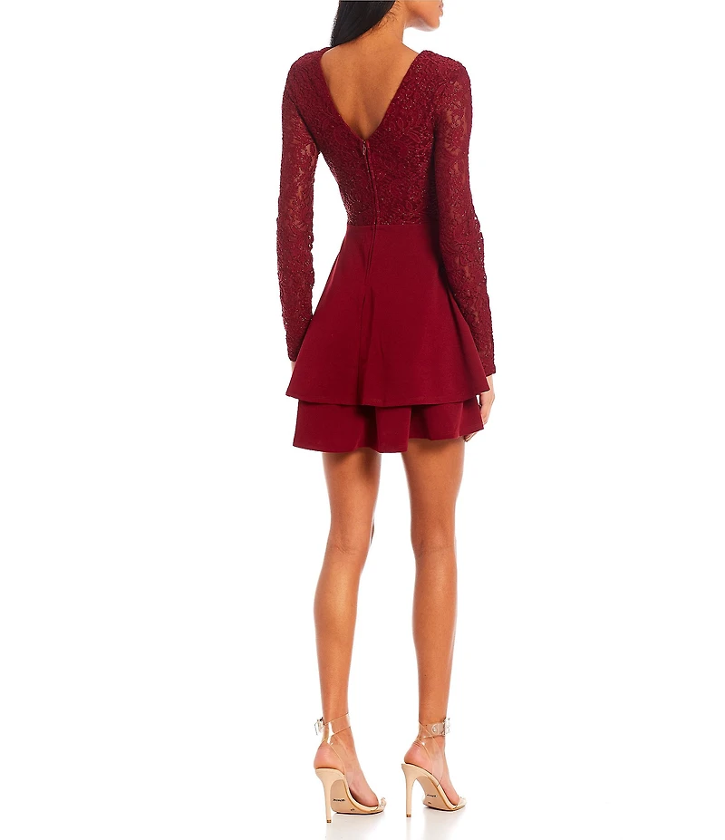 City Vibe Long Sleeve Fit-And-Flare Double Hem Lace Bodice Dress