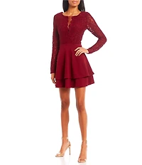 City Vibe Long Sleeve Fit-And-Flare Double Hem Lace Bodice Dress